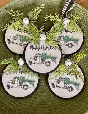 Country Farmhouse Christmas Rustic White Pick-up Truck Ornament Set of 5  (4.5”)